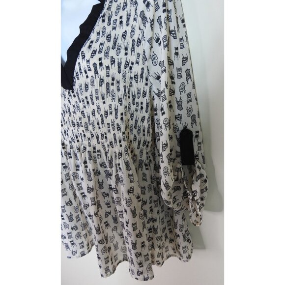 Sunny Leigh Womenβs Smocked Tunic Top Size XL Black Chair Print LS Semi Sheer - Picture 7 of 16